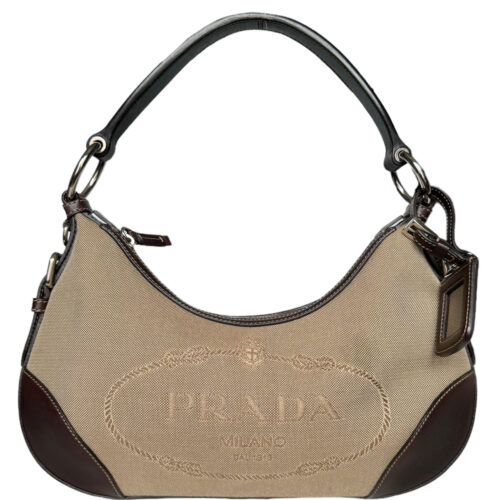 Vintage Prada Logo Canvas Shoulder Bag in Beige / Brown | NITRYL