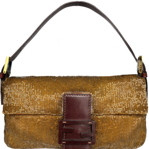 Vintage Fendi Beaded Shoulder Baguette Bag in Gold / Brown | NITRYL