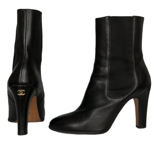 Vintage Chanel Logo Leather Heeled Boots in Black / Gold UK 6 | NITRYL