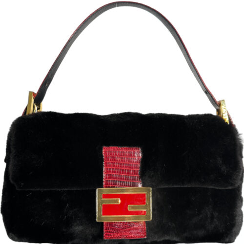 Vintage Fendi Fur Shoulder Baguette Bag in Black / Red / Gold with Exotic Leather Detailing | NITRYL