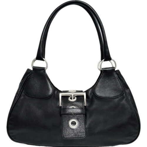 Vintage Prada Leather Buckle Half Moon Shoulder Bag in Black / Silver | NITRYL