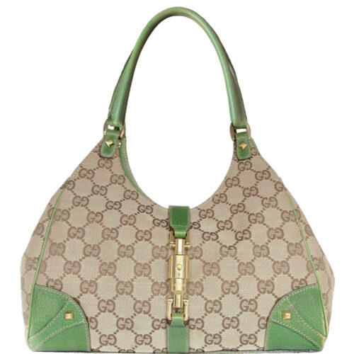 Vintage Gucci Monogram Jackie Shoulder Bag in Beige / Green / Gold | NITRYL