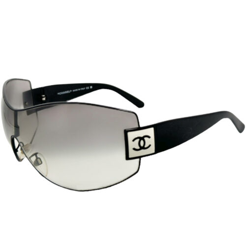 Vintage Chanel Logo Oversized Wraparound Sunglasses in Black / White | NITRYL