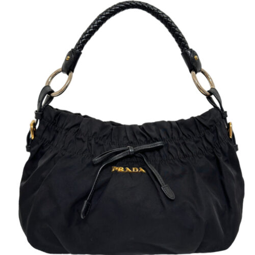 Vintage Prada Nylon Ruched Bow Shoulder Bag in Black / Gold | NITRYL