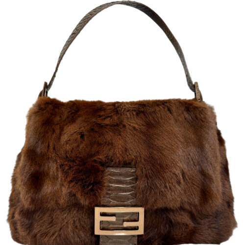 Vintage Fendi Mink Fur Mamma Shoulder Bgauette Bag in Brown / Bronze with Python Leather Detailing | NITRYL