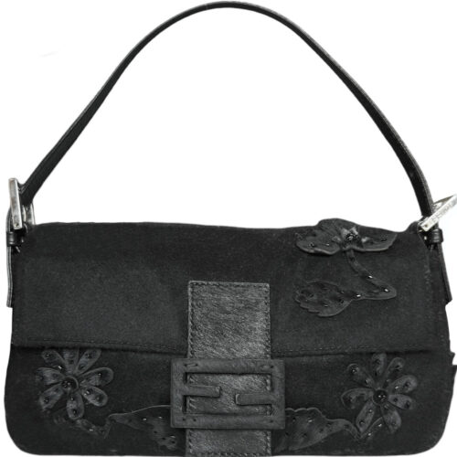 Vintage Fendi Beaded Flower Shoulder Baguette Bag in Black / Silver with Calfskin Detailing | NITRYL