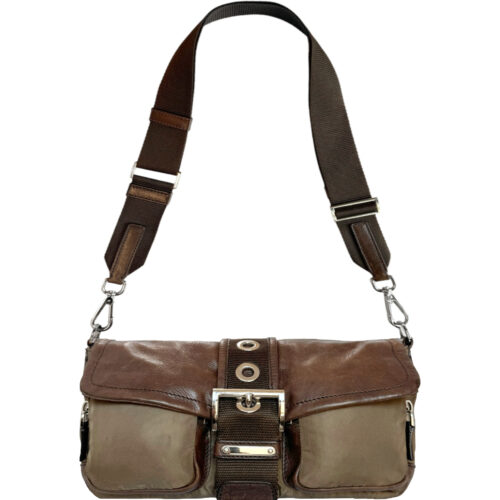 Vintage Prada Nylon Leather Buckle Shoulder Bag in Brown | NITRYL