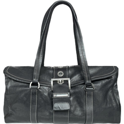 Vintage Prada Buckle Side Logo Leather Shoulder Bag in Black / Silver | NITRYL