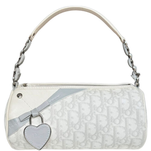Vintage Dior Monogram Romantique Heart Mini Shoulder Bag in White / Grey / Silver | NITRYL