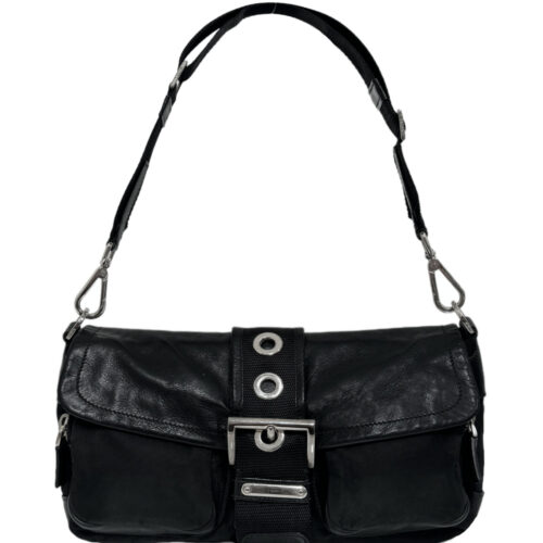 Vintage Prada Nylon Leather Buckle Shoulder Bag in Black / Silver | NITRYL