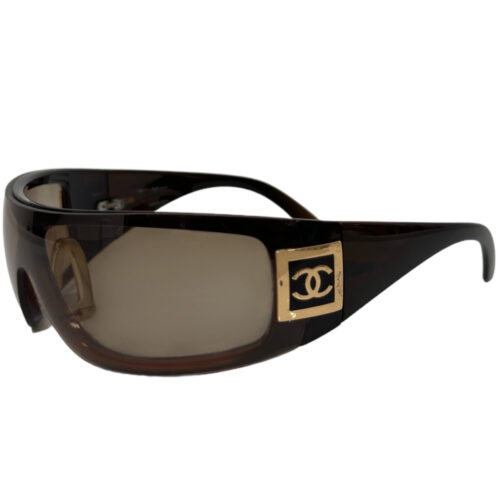 Vintage Chanel Logo Ski Wraparound Sunglasses in Brown / Gold | NITRYL