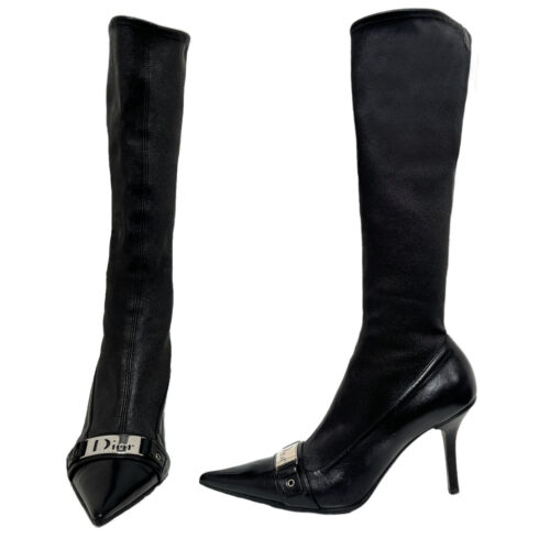 Vintage Dior Logo Leather Sock Heeled Boots in Black / Silver UK 3 | NITRYL
